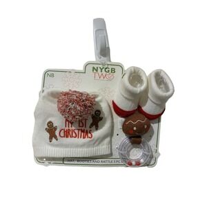NYGB TWO Newborn My 1st Christmas 3pc Set Hat Booties Gingerbread Rattle White